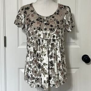Y2K Velvet Floral Babydoll Top Fairycore Empire Waist Short Sleeve Blouse Small